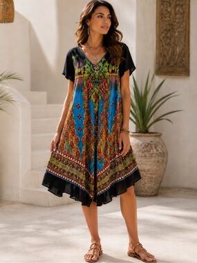 Somya Collection Colorful Peacock Dress Short Sleeve